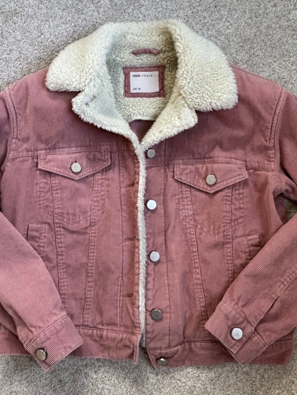 ASOS Pink Corduroy Sherpa-Lined Trucker Jacket | US 6 | Teddy Fleece Colla